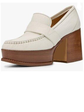YDN White Platform Stacked Heel Loafers Round Toe Chunky Mid Heels Slip On Pumps